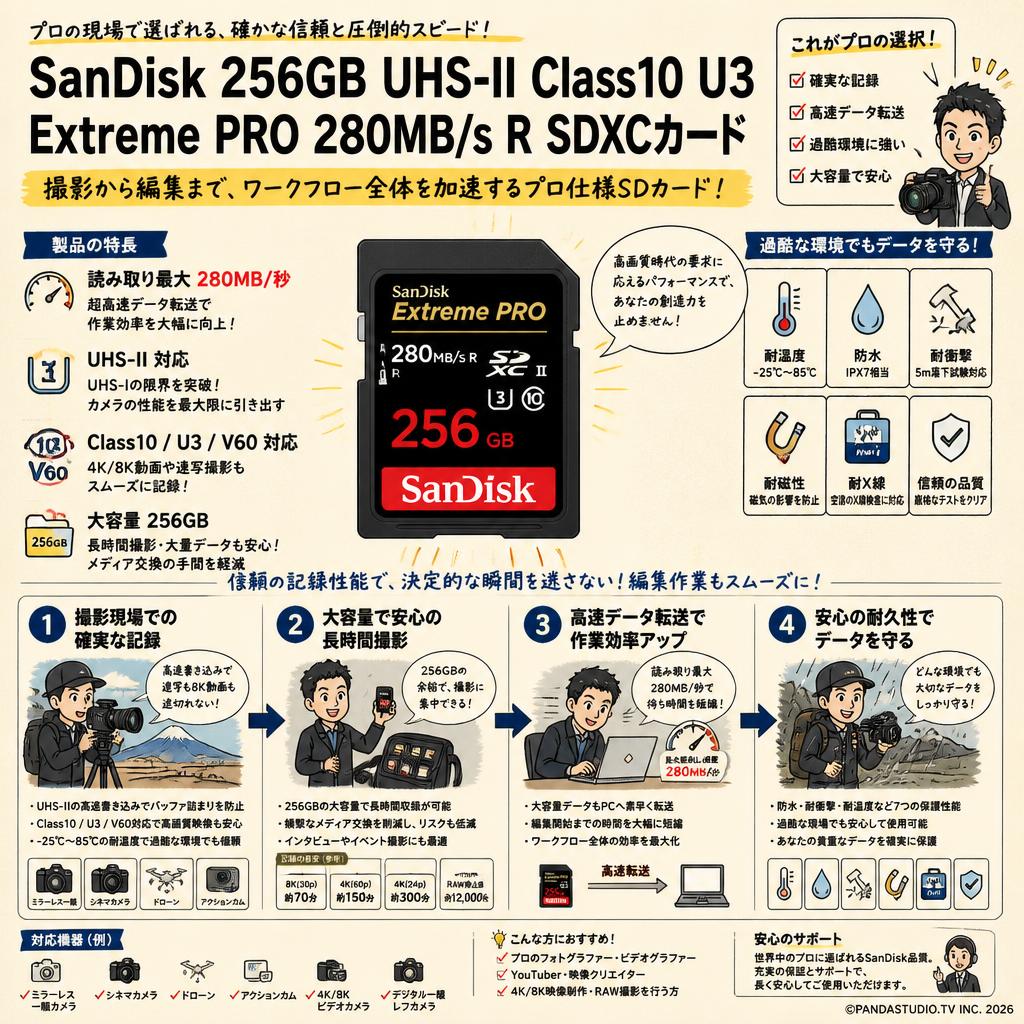 SanDisk 256GB UHS-II Class10 U3 Extreme PRO 280MB/s R SDXCカード 概要