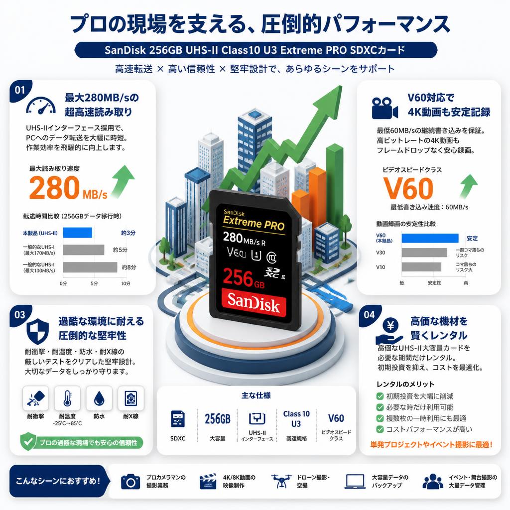 SanDisk 256GB UHS-II Class10 U3 Extreme PRO 280MB/s R SDXCカード セールスポイント