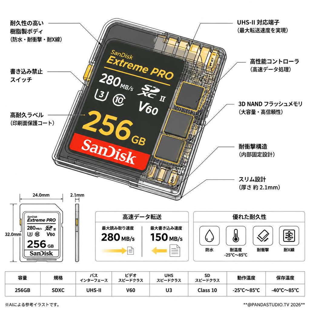 SanDisk 256GB UHS-II Class10 U3 Extreme PRO 280MB/s R SDXCカード スペック
