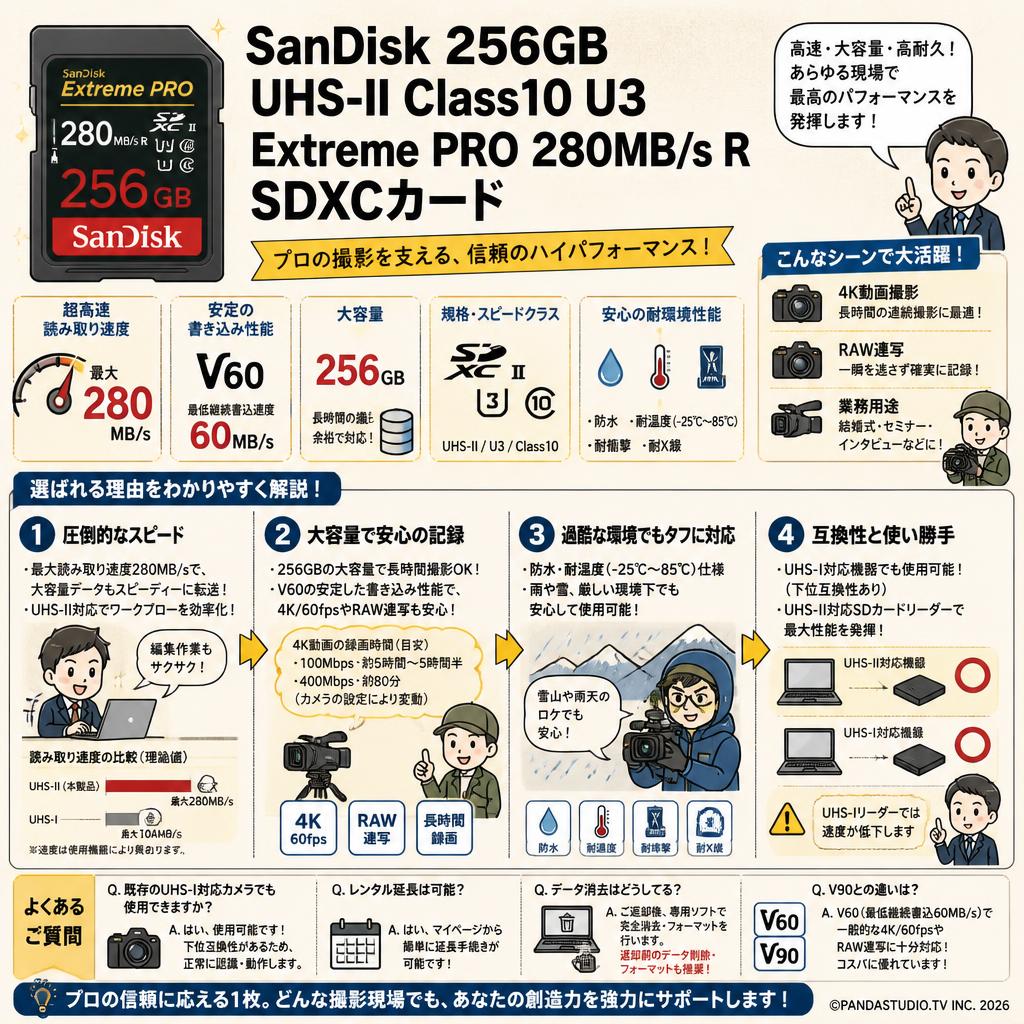SanDisk 256GB UHS-II Class10 U3 Extreme PRO 280MB/s R SDXCカード FAQ（よくある質問と答え）