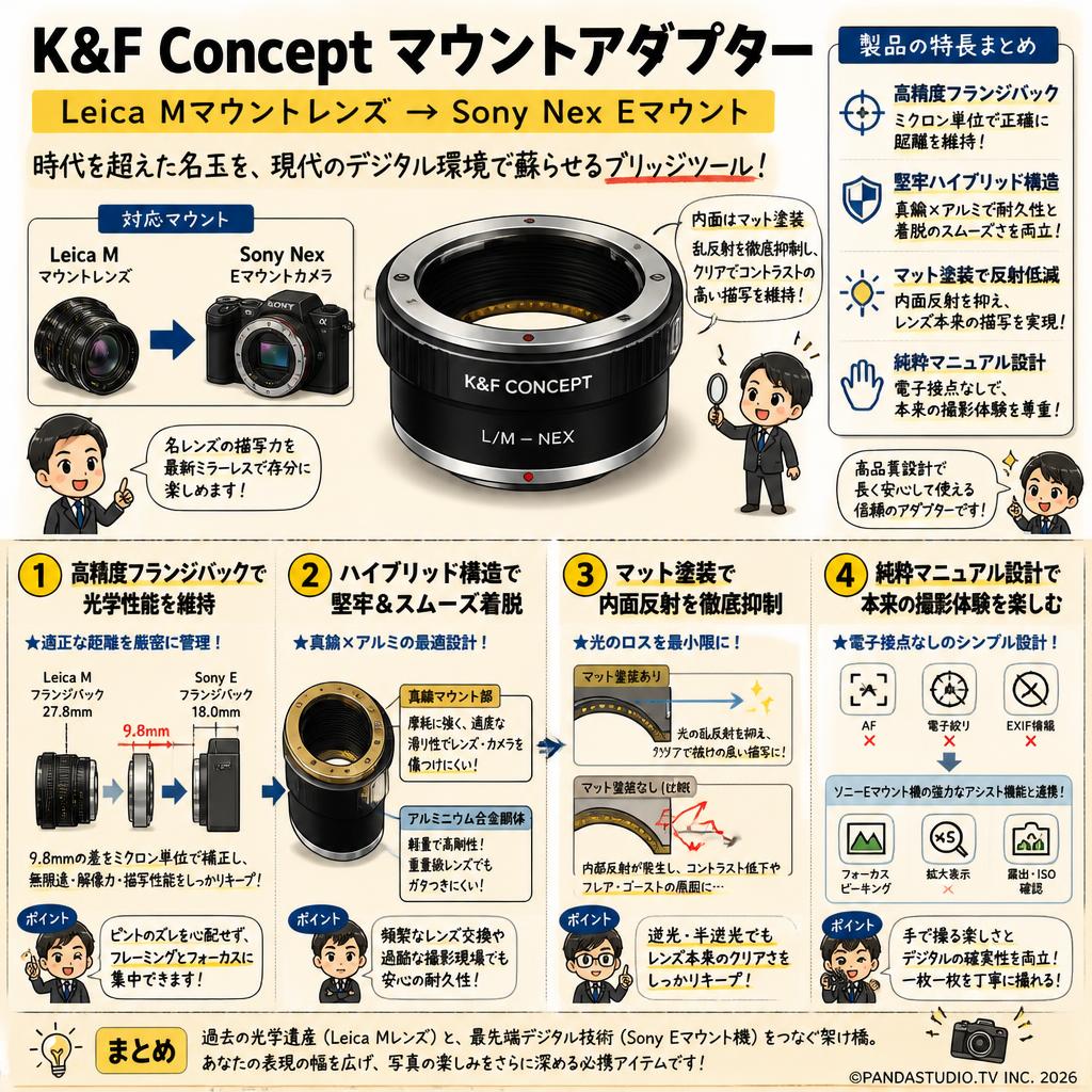 K&F Concept マウントアダプター  Leica Mマウントレンズ → Sony Nex Eマウント 概要