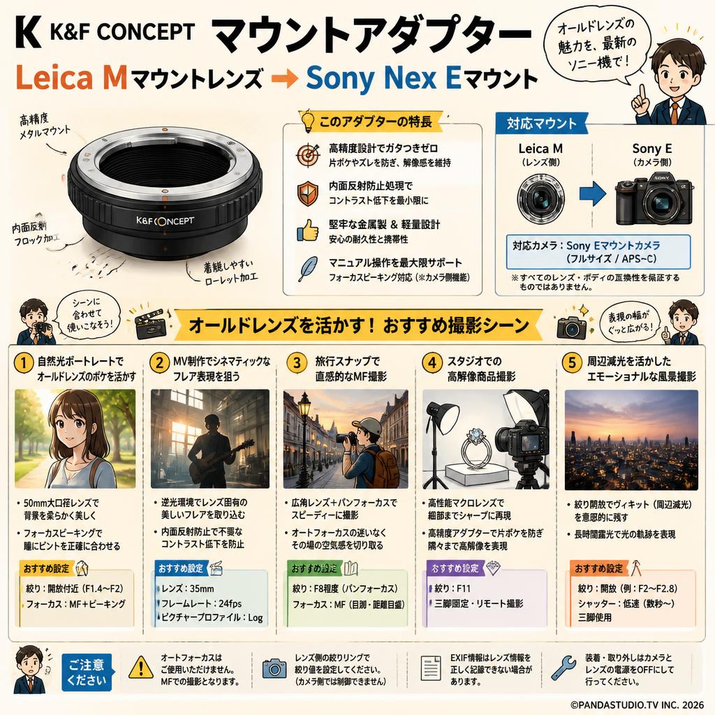 K&F Concept マウントアダプター  Leica Mマウントレンズ → Sony Nex Eマウント 用途