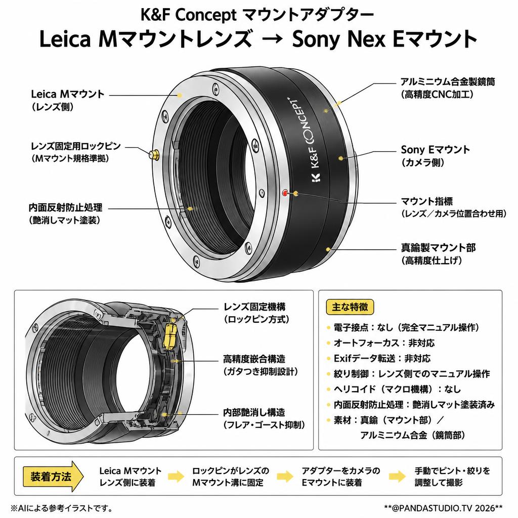 K&F Concept マウントアダプター  Leica Mマウントレンズ → Sony Nex Eマウント スペック