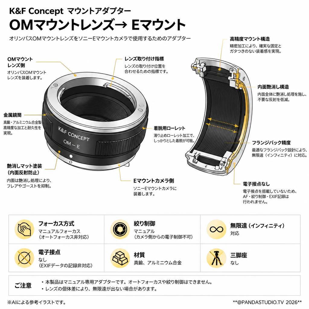 K&F Concept マウントアダプター OMマウントレンズ→ Eマウント スペック