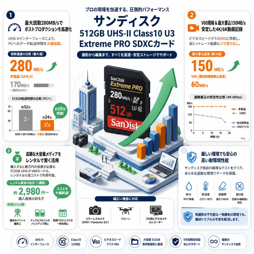 SanDisk 512GB UHS-II Class10 U3 Extreme PRO 280MB/s R SDXCカード セールスポイント