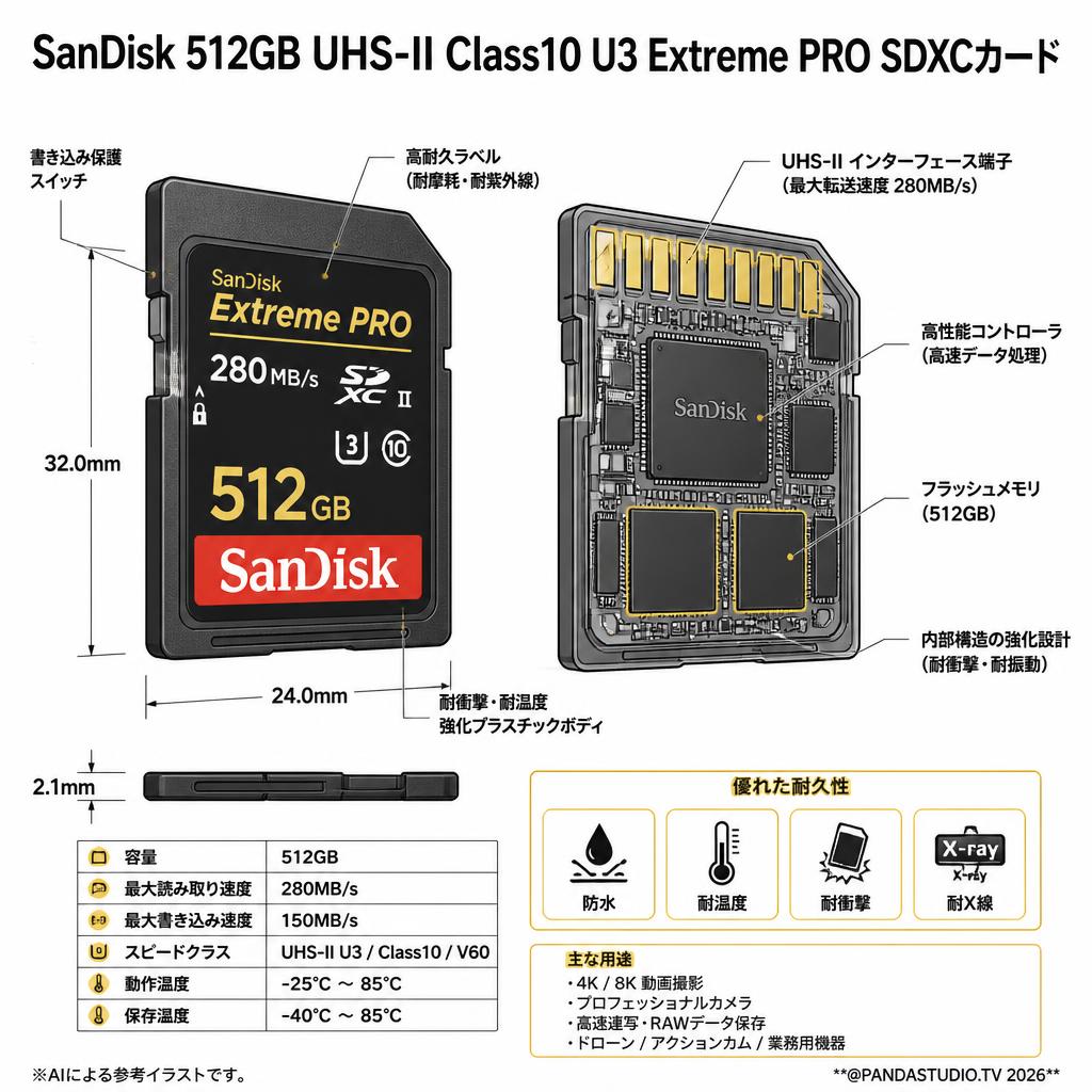 SanDisk 512GB UHS-II Class10 U3 Extreme PRO 280MB/s R SDXCカード スペック