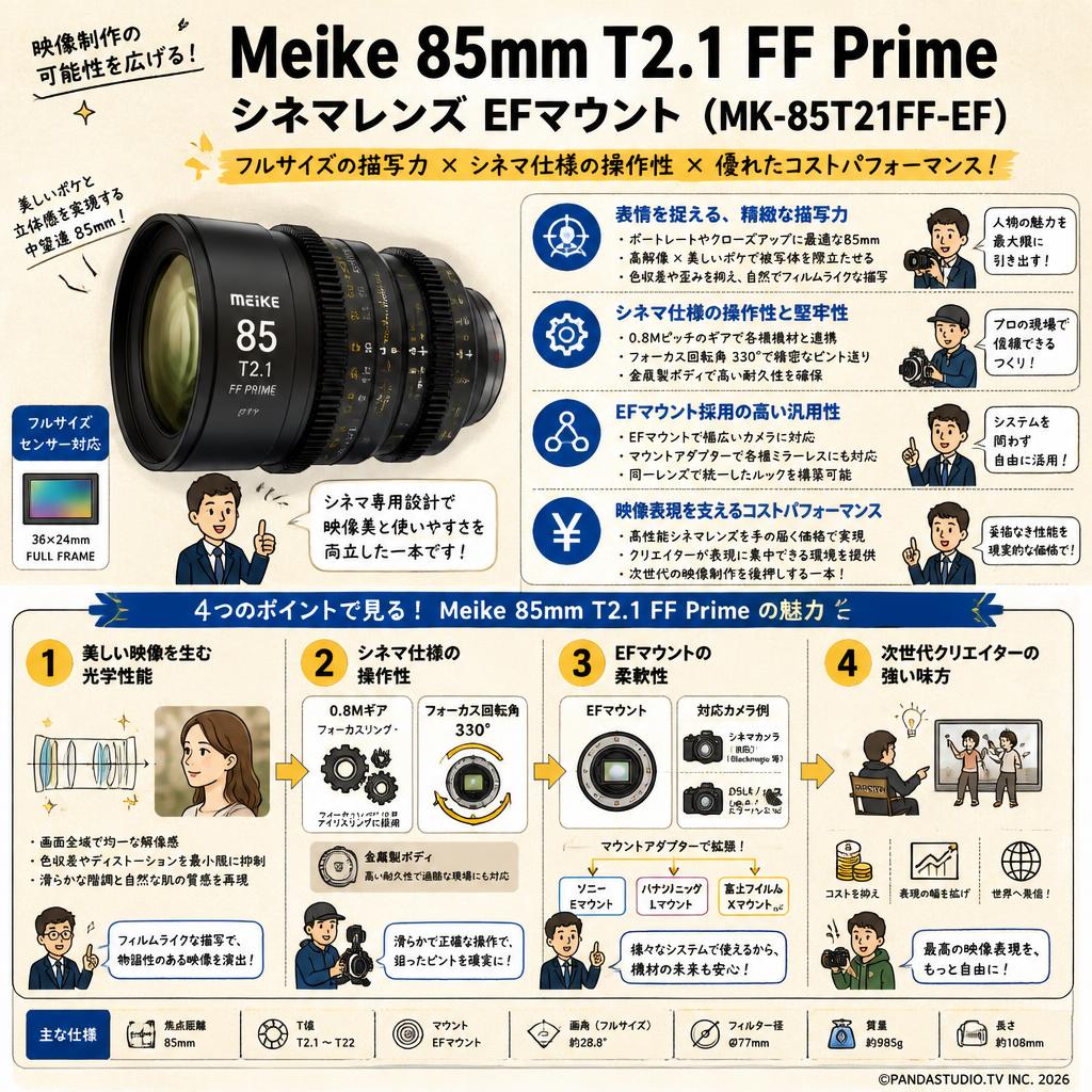 Meike 85mm T2.1 FF Prime シネマレンズ EFマウント  (MK-85T21FF-EF) 概要