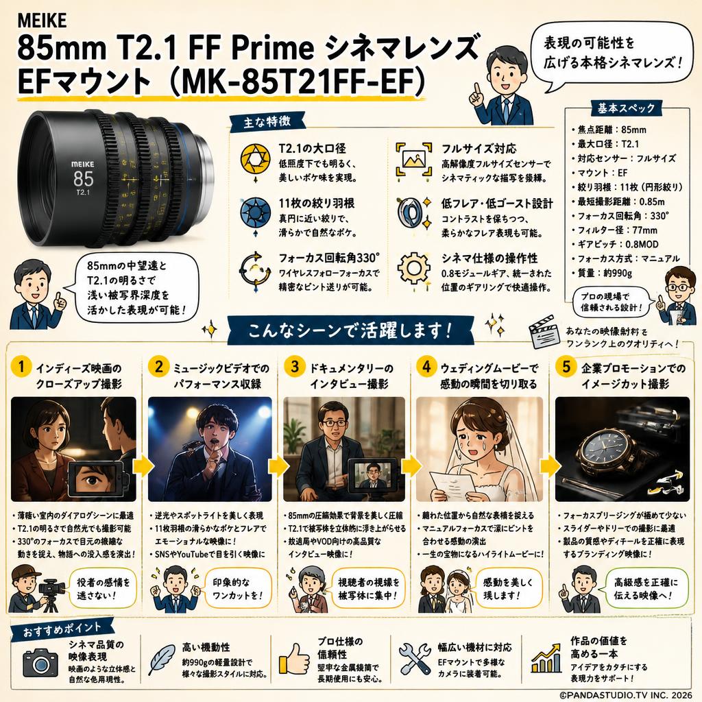 Meike 85mm T2.1 FF Prime シネマレンズ EFマウント  (MK-85T21FF-EF) 用途