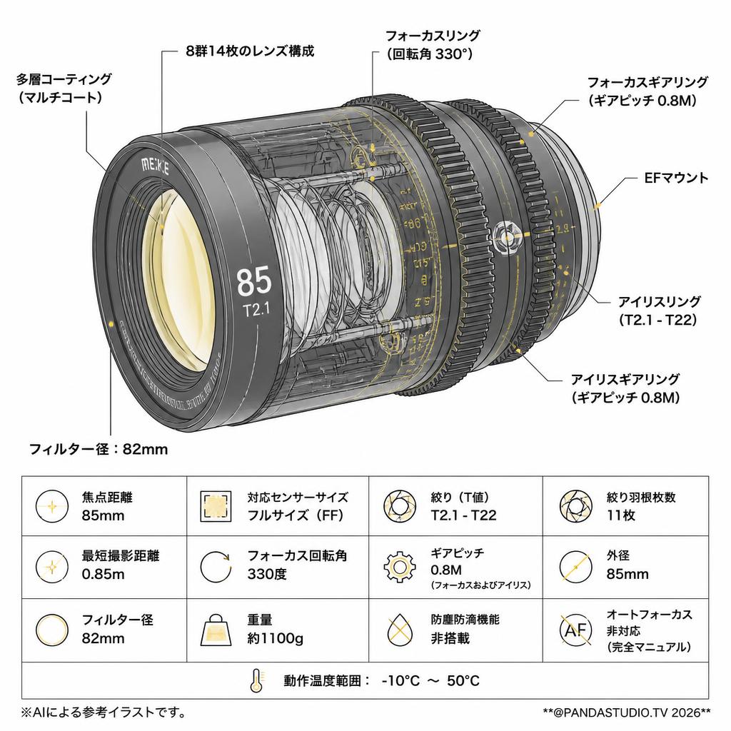 Meike 85mm T2.1 FF Prime シネマレンズ EFマウント  (MK-85T21FF-EF) スペック
