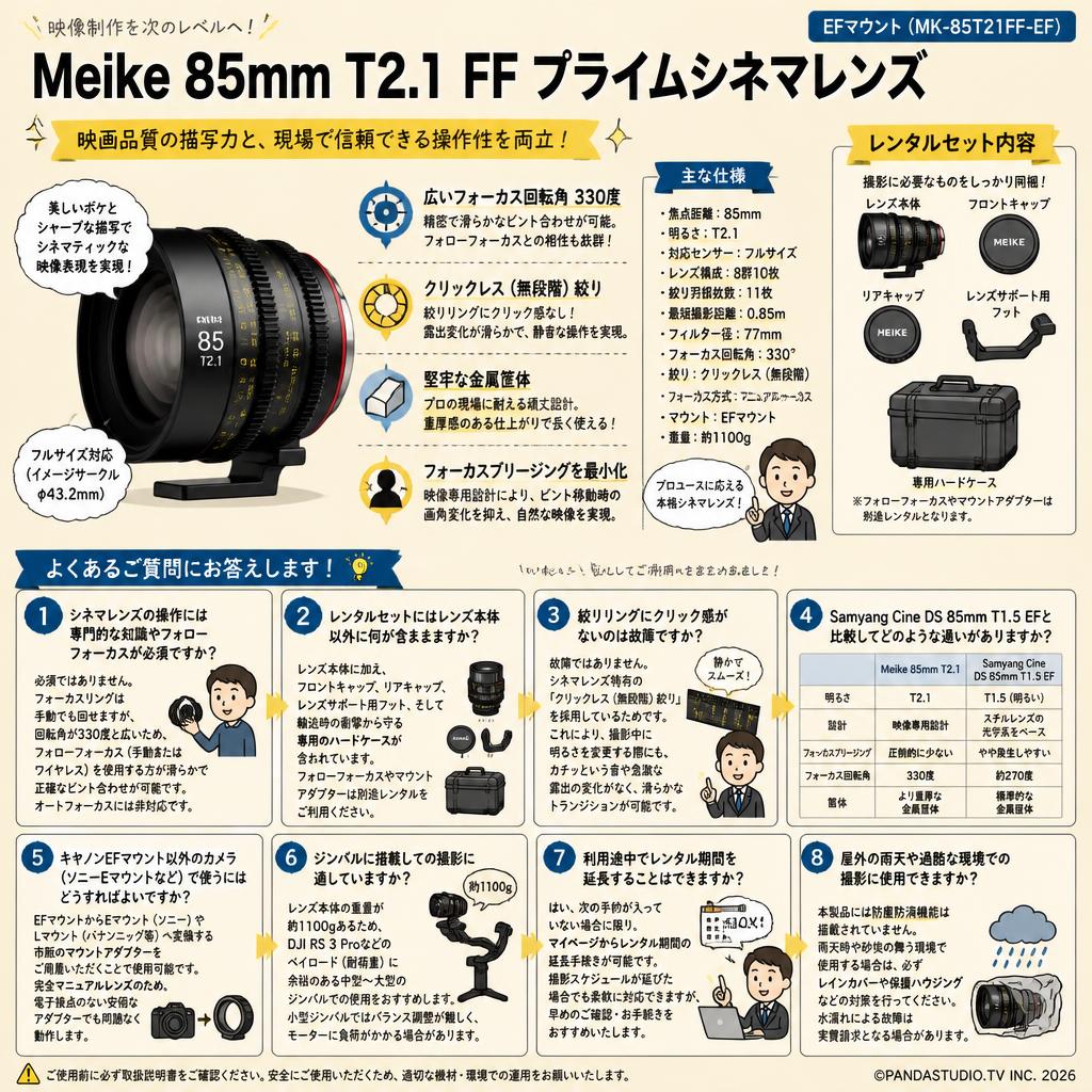 Meike 85mm T2.1 FF Prime シネマレンズ EFマウント  (MK-85T21FF-EF) FAQ（よくある質問と答え）