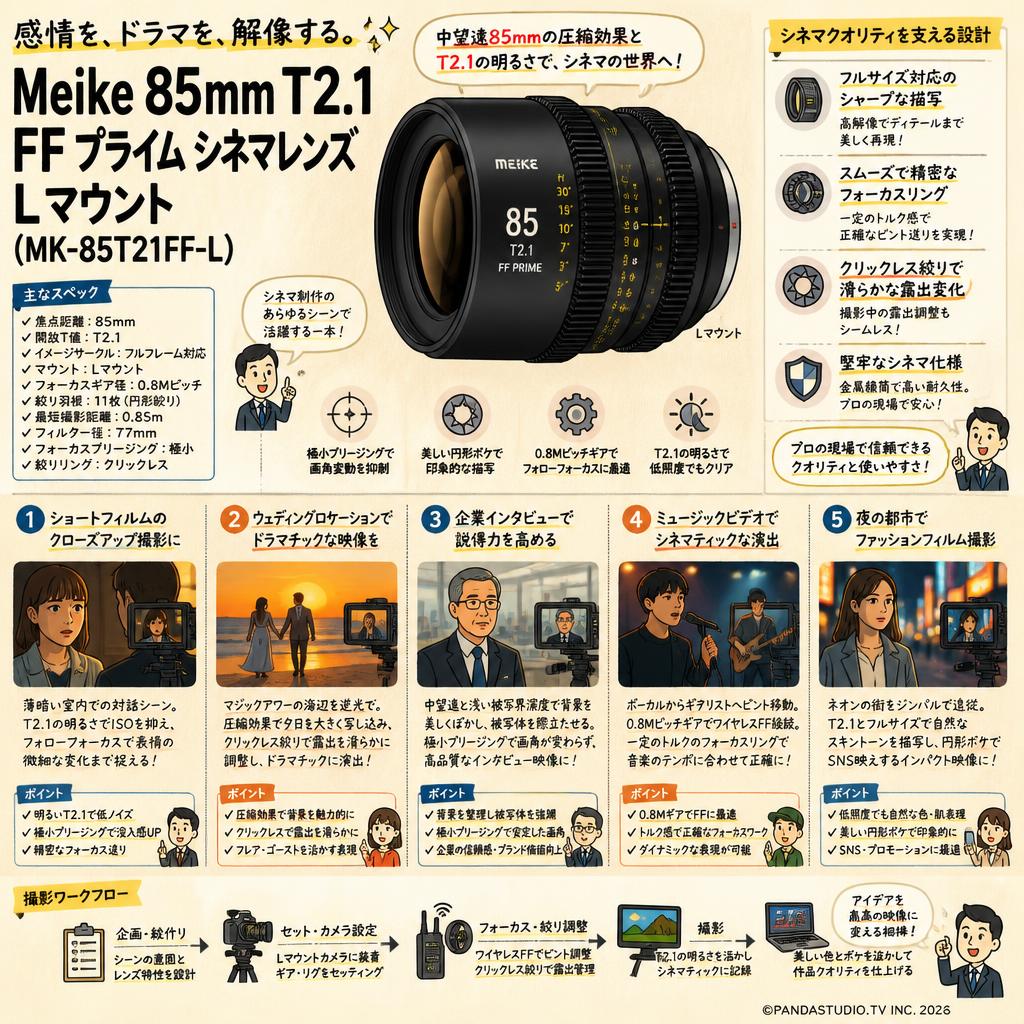 Meike 85mm T2.1 FF Prime シネマレンズ Lマウント (MK-85T21FF-L) 用途