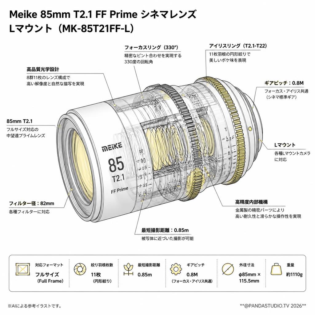Meike 85mm T2.1 FF Prime シネマレンズ Lマウント (MK-85T21FF-L) スペック