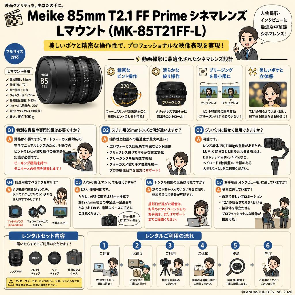 Meike 85mm T2.1 FF Prime シネマレンズ Lマウント (MK-85T21FF-L) FAQ（よくある質問と答え）