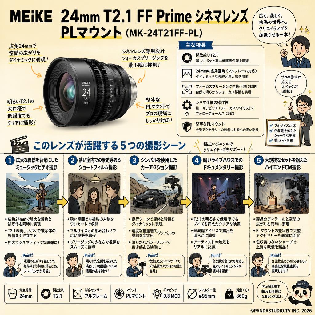 Meike 24mm T2.1 FF Prime シネマレンズ PLマウント  (MK-24T21FF-PL) 用途