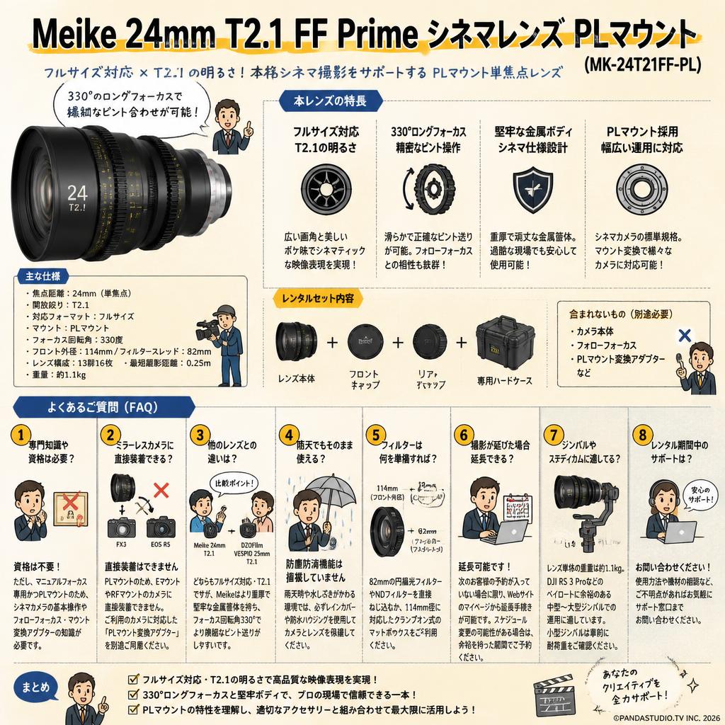 Meike 24mm T2.1 FF Prime シネマレンズ PLマウント  (MK-24T21FF-PL) FAQ（よくある質問と答え）
