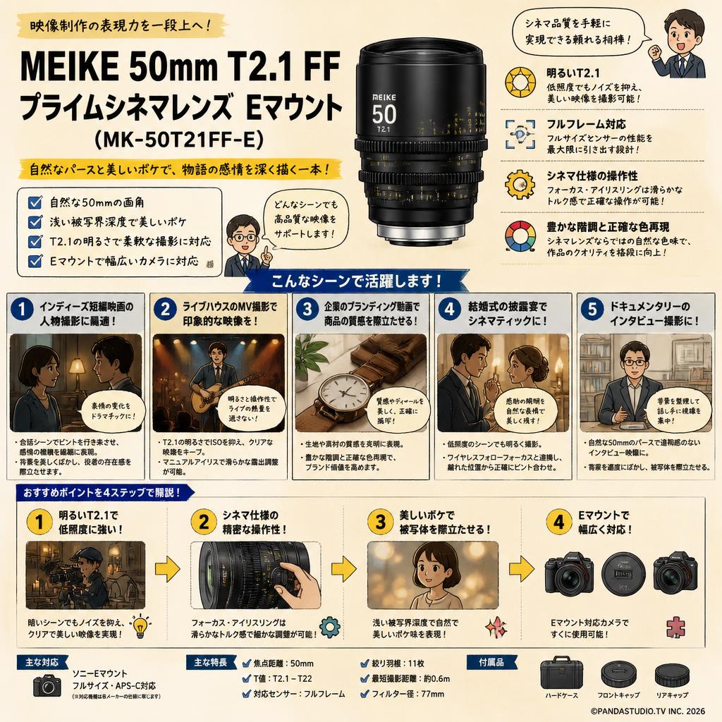Meike 50mm T2.1 FF Prime シネマレンズ Eマウント  ( MK-50T21FF-E ) 用途