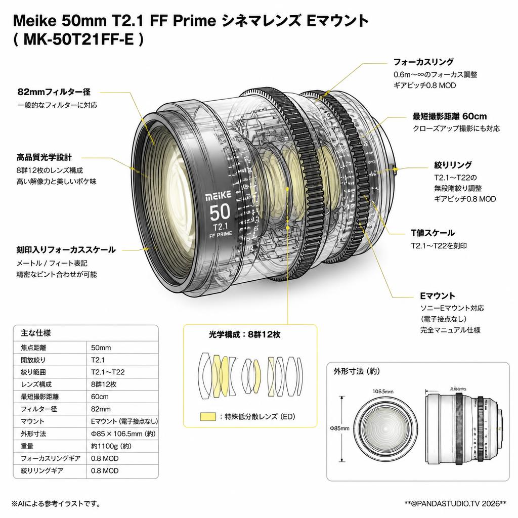Meike 50mm T2.1 FF Prime シネマレンズ Eマウント  ( MK-50T21FF-E ) スペック