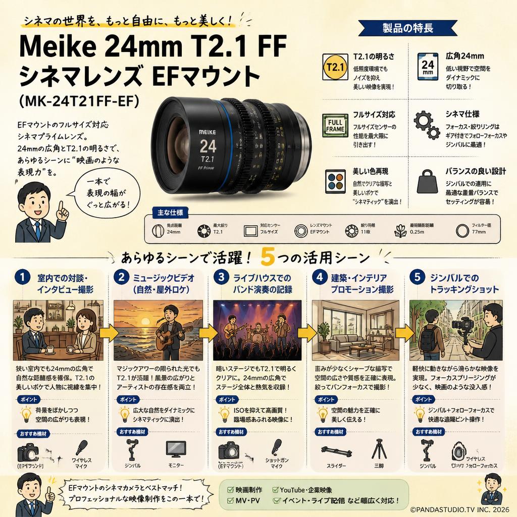 Meike 24mm T2.1 FF Prime シネマレンズ EFマウント  (MK-24T21FF-EF) 用途