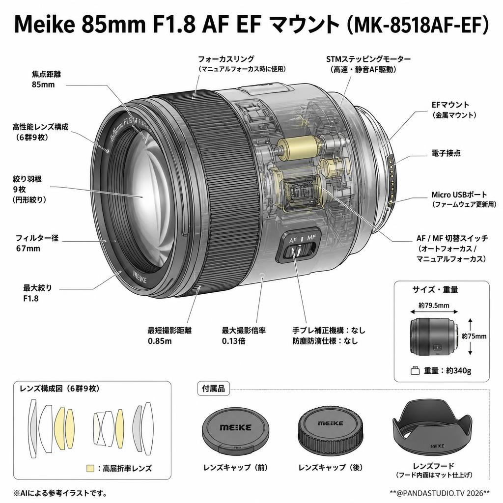 Meike 85mm F1.8 AF EF マウント (MK-8518AF-EF) スペック