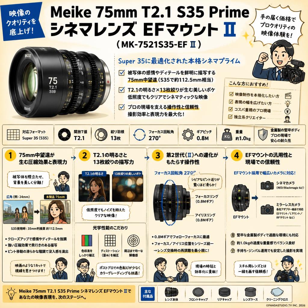 Meike 75mm T2.1 S35 Prime シネマレンズ EFマウント Ⅱ ( MK-7521S35-EF Ⅱ ) 概要