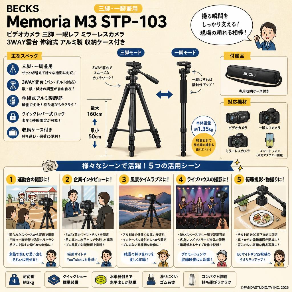 BECKS ベックス 三脚・一脚兼用 Memoria M3 STP-103　ビデオカメラ 三脚 一眼レフ ミラーレスカメラ 3WAY雲台 伸縮式 アルミ製 収納ケース付き 用途