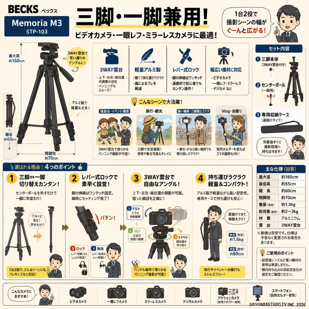 BECKS ベックス 三脚・一脚兼用 Memoria M3 STP-103　ビデオカメラ 三脚 一眼レフ ミラーレスカメラ 3WAY雲台 伸縮式 アルミ製 収納ケース付き FAQ（よくある質問と答え）