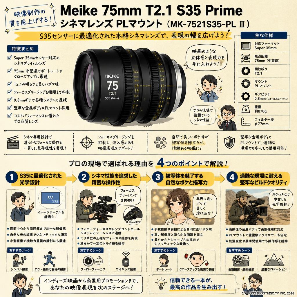 Meike 75mm T2.1 S35 Prime シネマレンズ PLマウント  ( MK-7521S35-PL Ⅱ ) 概要