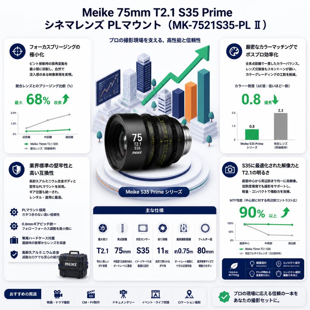 Meike 75mm T2.1 S35 Prime シネマレンズ PLマウント  ( MK-7521S35-PL Ⅱ ) セールスポイント