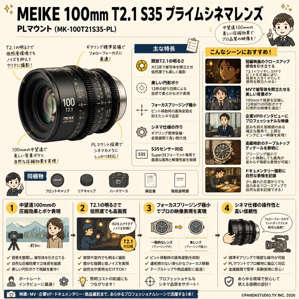Meike 100mm T2.1 S35 Prime シネマレンズ PLマウント  ( MK-100T21S35-PL ) 用途