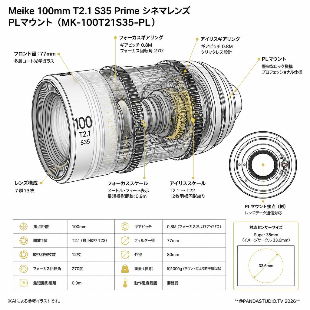 Meike 100mm T2.1 S35 Prime シネマレンズ PLマウント  ( MK-100T21S35-PL ) スペック