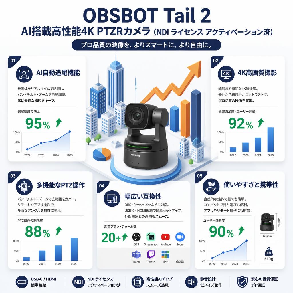 OBSBOT Tail 2 AI搭載高性能4K PTZRカメラ（NDI ライセンス アクティベーション済） セールスポイント