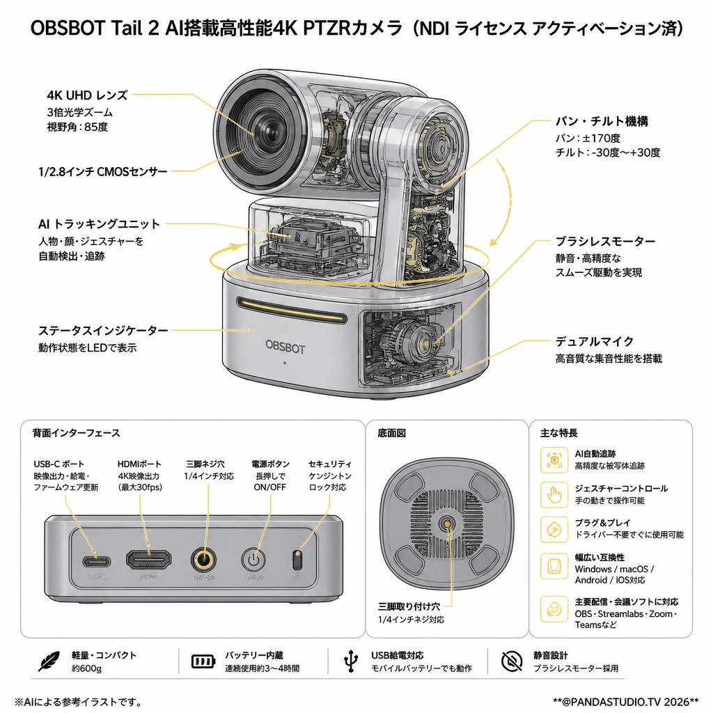 OBSBOT Tail 2 AI搭載高性能4K PTZRカメラ（NDI ライセンス アクティベーション済） スペック