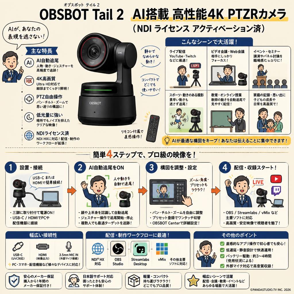 OBSBOT Tail 2 AI搭載高性能4K PTZRカメラ（NDI ライセンス アクティベーション済） FAQ（よくある質問と答え）