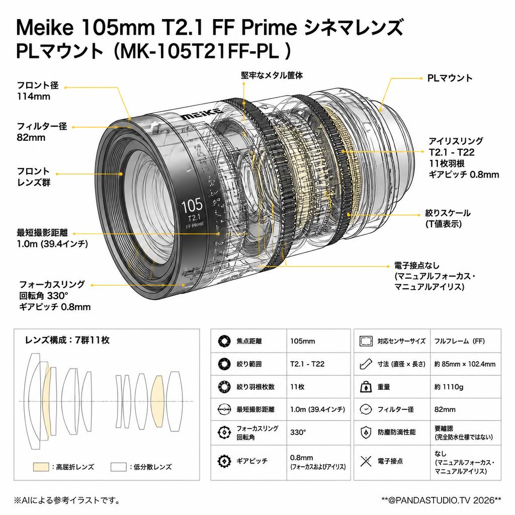 Meike 105mm T2.1 FF Prime シネマレンズ PLマウント  (MK-105T21FF-PL ) スペック