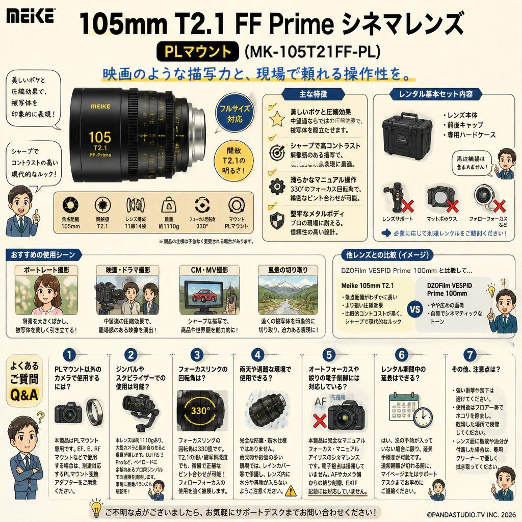 Meike 105mm T2.1 FF Prime シネマレンズ PLマウント  (MK-105T21FF-PL ) FAQ（よくある質問と答え）