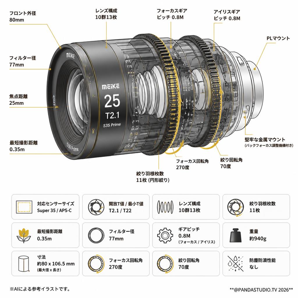 Meike 25mm T2.1 S35 Prime シネマレンズ PLマウント  ( MK-2521S35-PL ) スペック