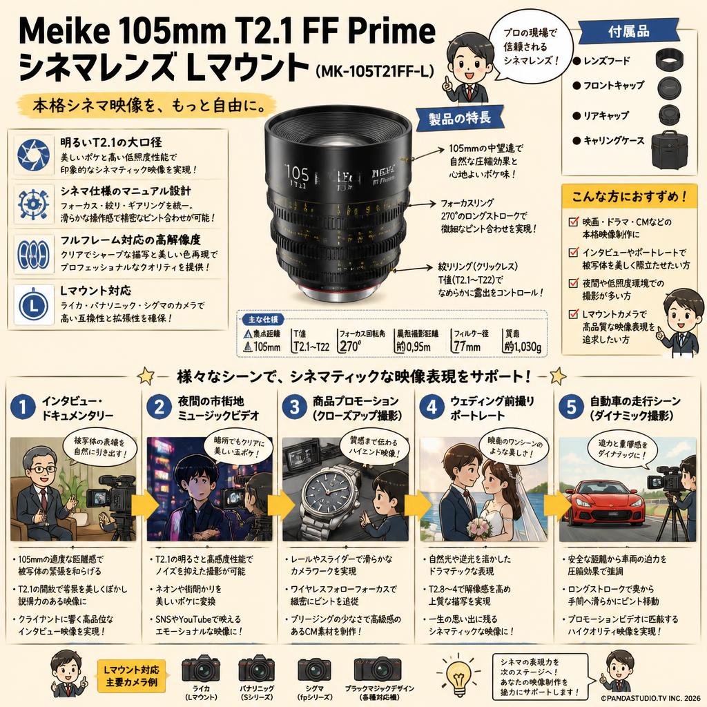 Meike 105mm T2.1 FF Prime シネマレンズ Lマウント  (MK-105T21FF-L) 用途