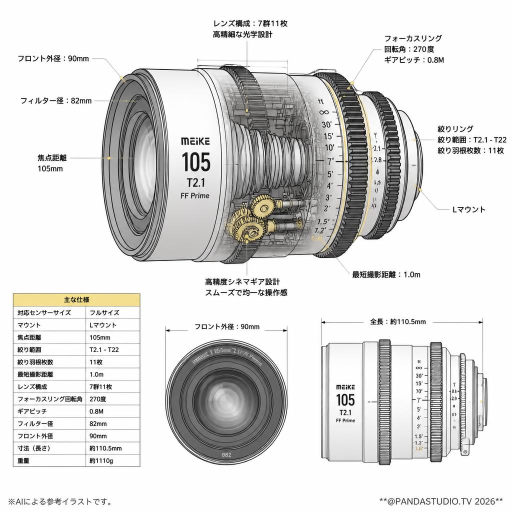 Meike 105mm T2.1 FF Prime シネマレンズ Lマウント  (MK-105T21FF-L) スペック