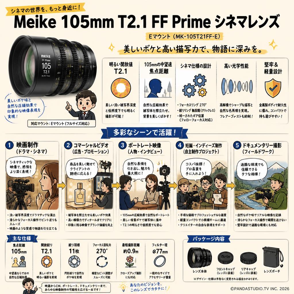 Meike 105mm T2.1 FF Prime シネマレンズ Eマウント  (MK-105T21FF-E) 用途