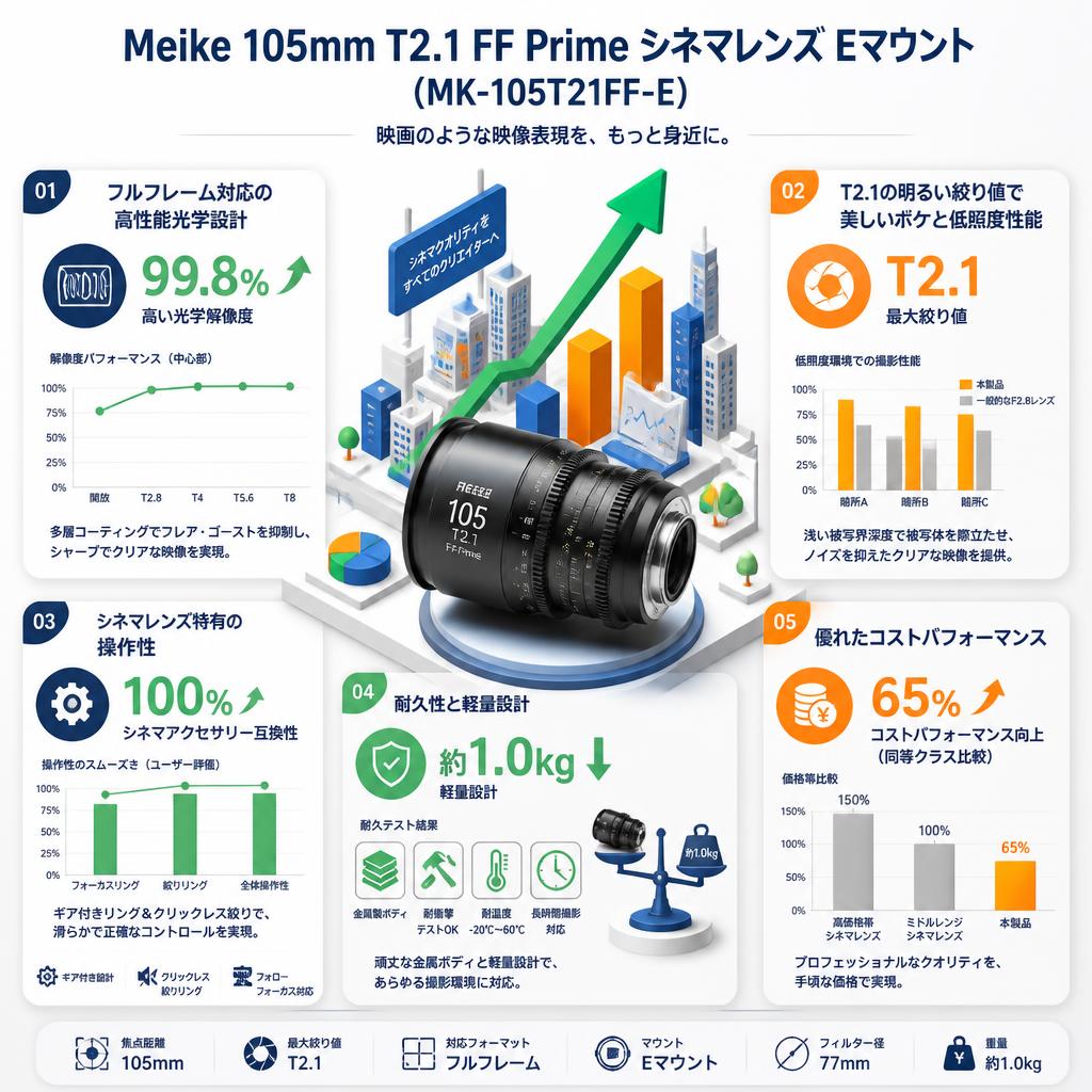 Meike 105mm T2.1 FF Prime シネマレンズ Eマウント  (MK-105T21FF-E) セールスポイント