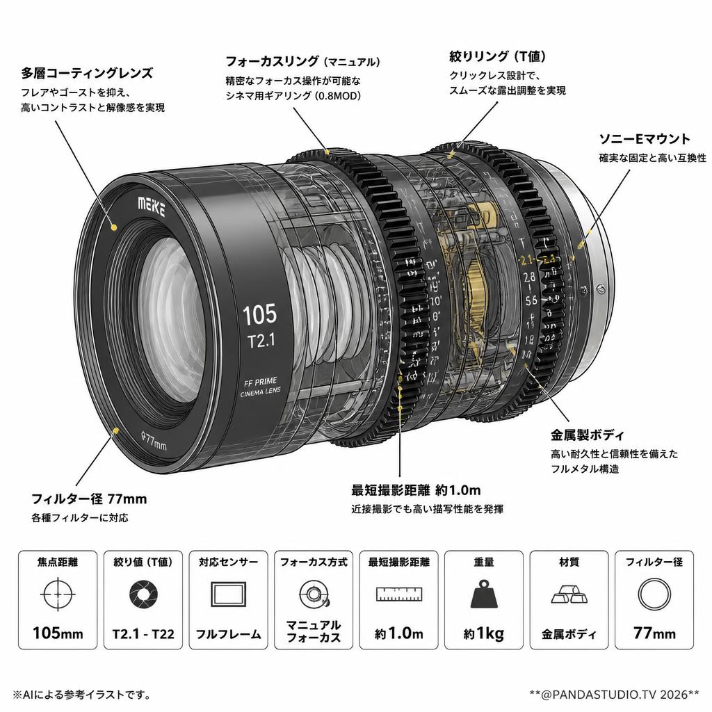 Meike 105mm T2.1 FF Prime シネマレンズ Eマウント  (MK-105T21FF-E) スペック