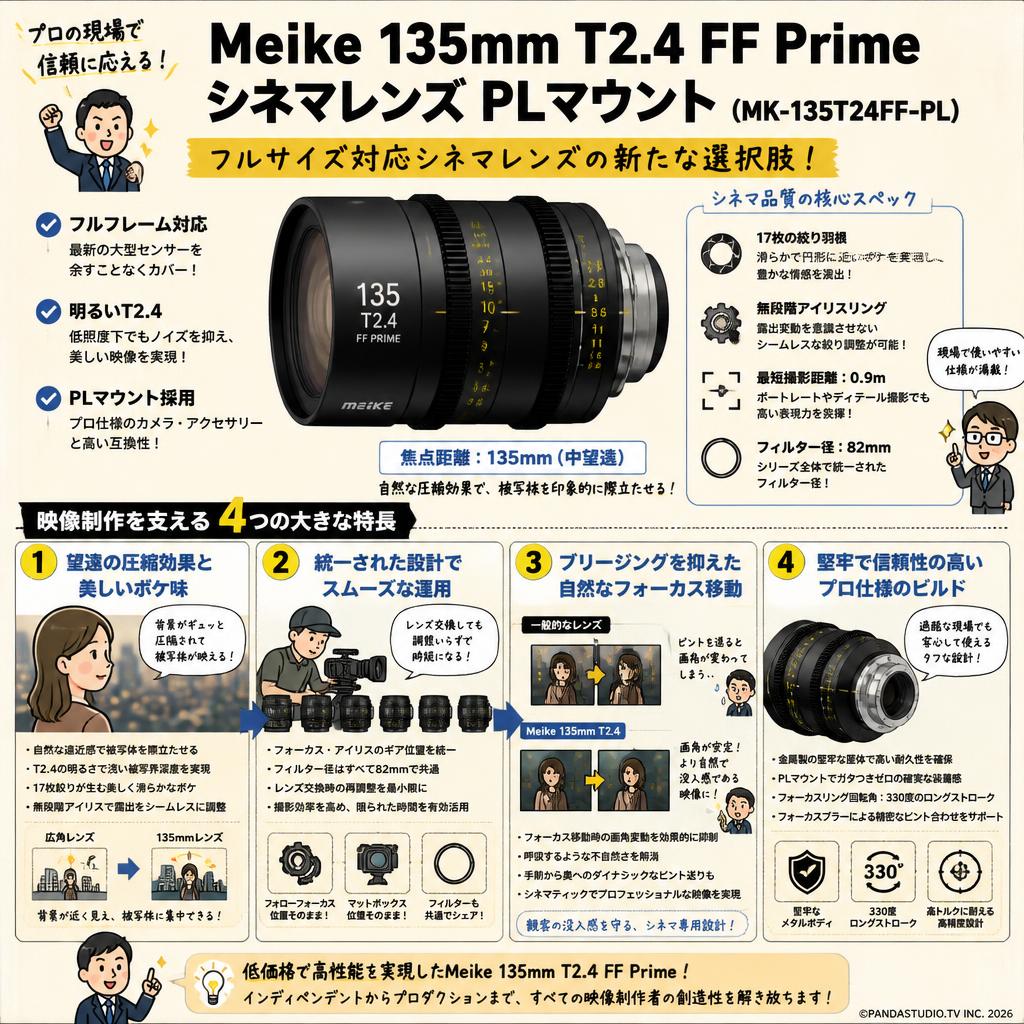 Meike 135mm T2.4 FF Prime シネマレンズ PLマウント  (MK-135T24FF-PL ) 概要