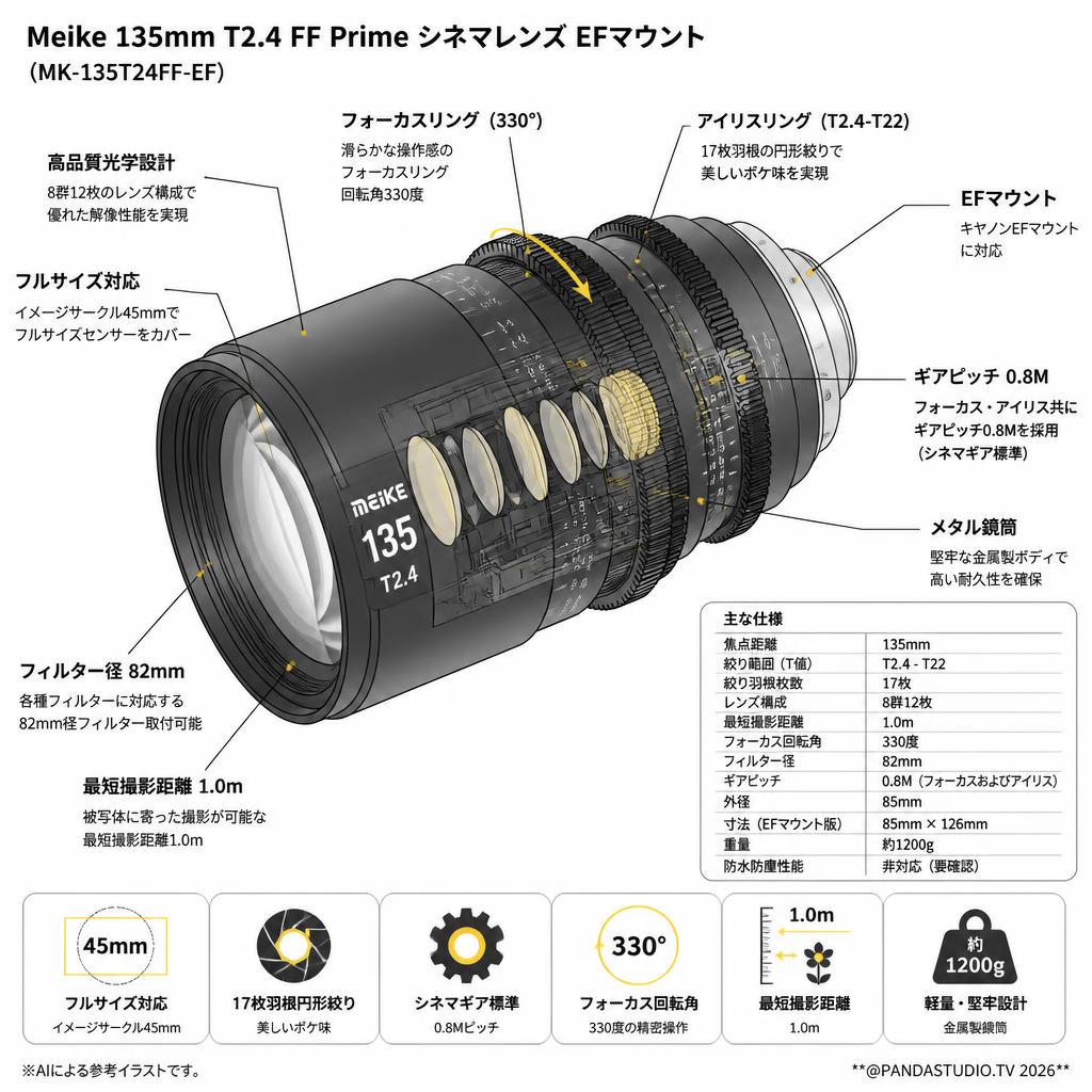 Meike 135mm T2.4 FF Prime シネマレンズ EFマウント  (MK-135T24FF-EF) スペック