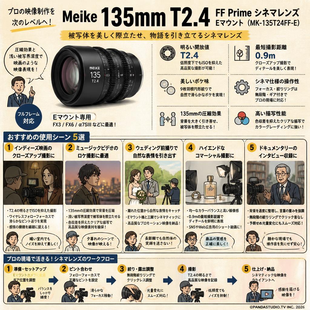 Meike 135mm T2.4 FF Prime シネマレンズ Eマウント  (MK-135T24FF-E) 用途