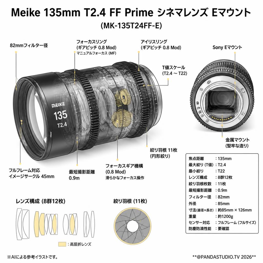 Meike 135mm T2.4 FF Prime シネマレンズ Eマウント  (MK-135T24FF-E) スペック