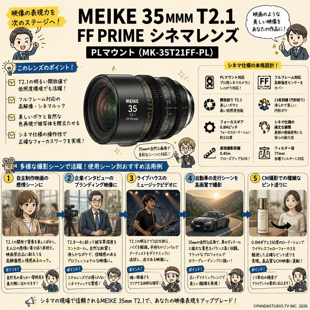 Meike 35mm T2.1 FF Prime シネマレンズ PLマウント  (MK-35T21FF-PL) 用途
