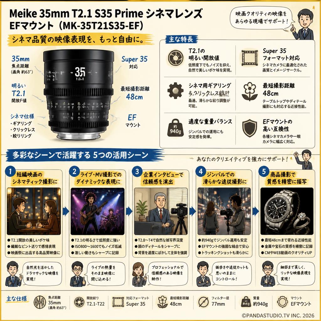 Meike 35mm T2.1 S35 Prime シネマレンズ EFマウント  (MK-35T21S35-EF) 用途