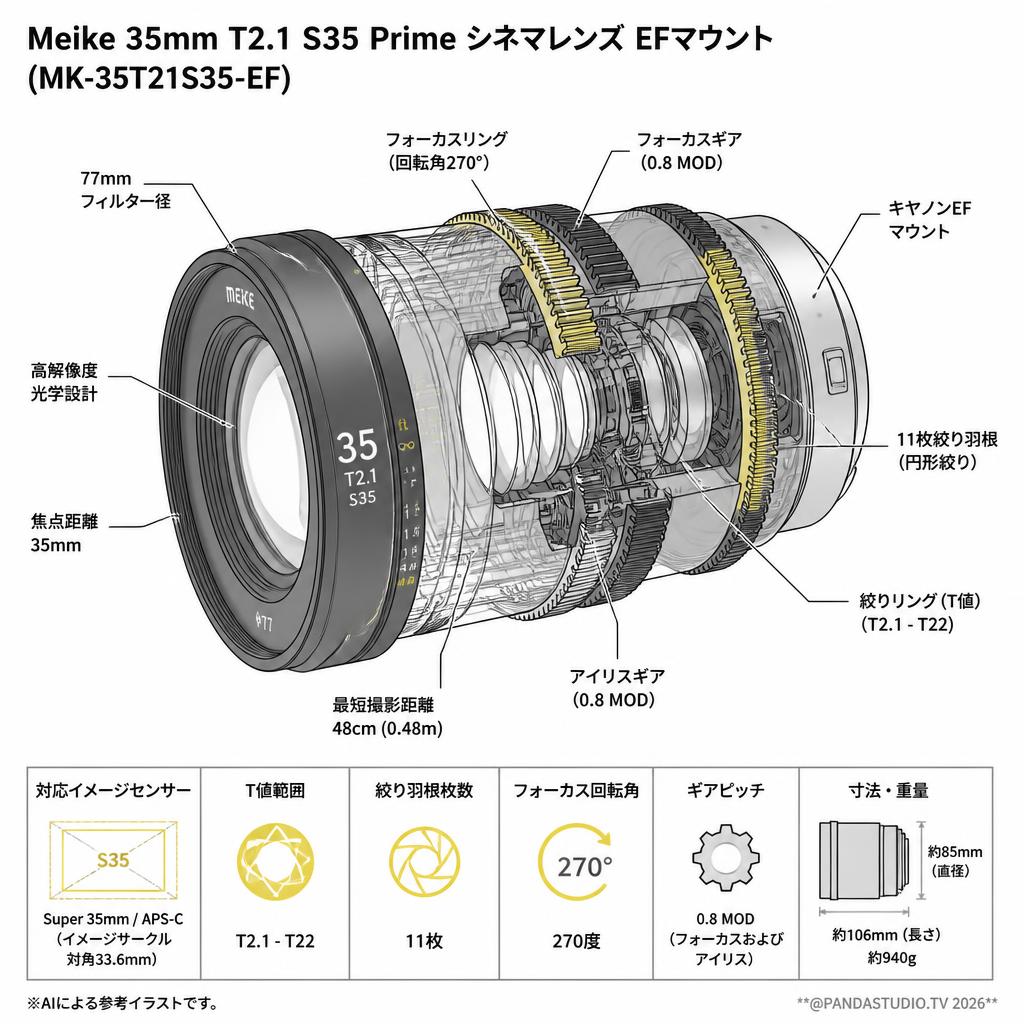 Meike 35mm T2.1 S35 Prime シネマレンズ EFマウント  (MK-35T21S35-EF) スペック