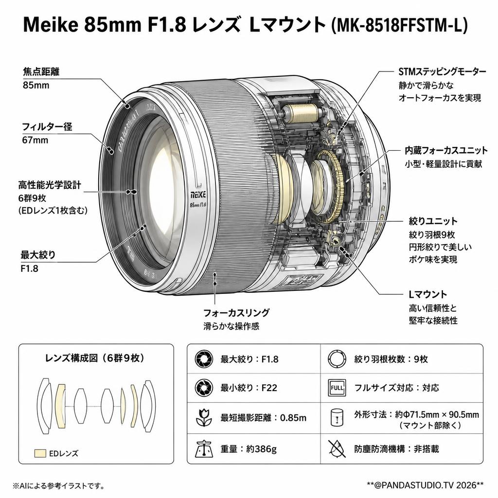 Meike 85mm F1.8 レンズ Lマウント (MK-8518FFSTM-L） スペック