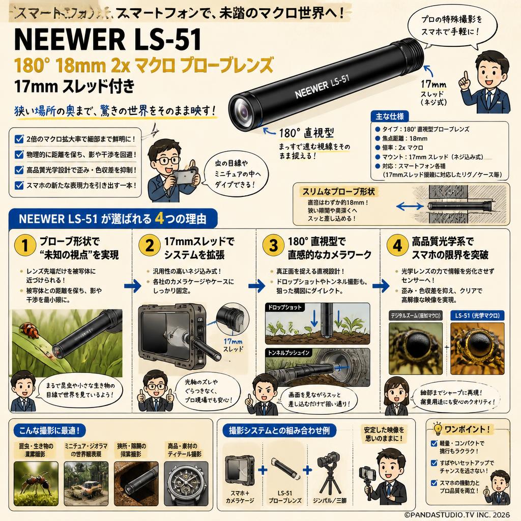 NEEWER LS-51 180° 18mm 2x マクロ プローブレンズ 17mm スレッド付き 概要